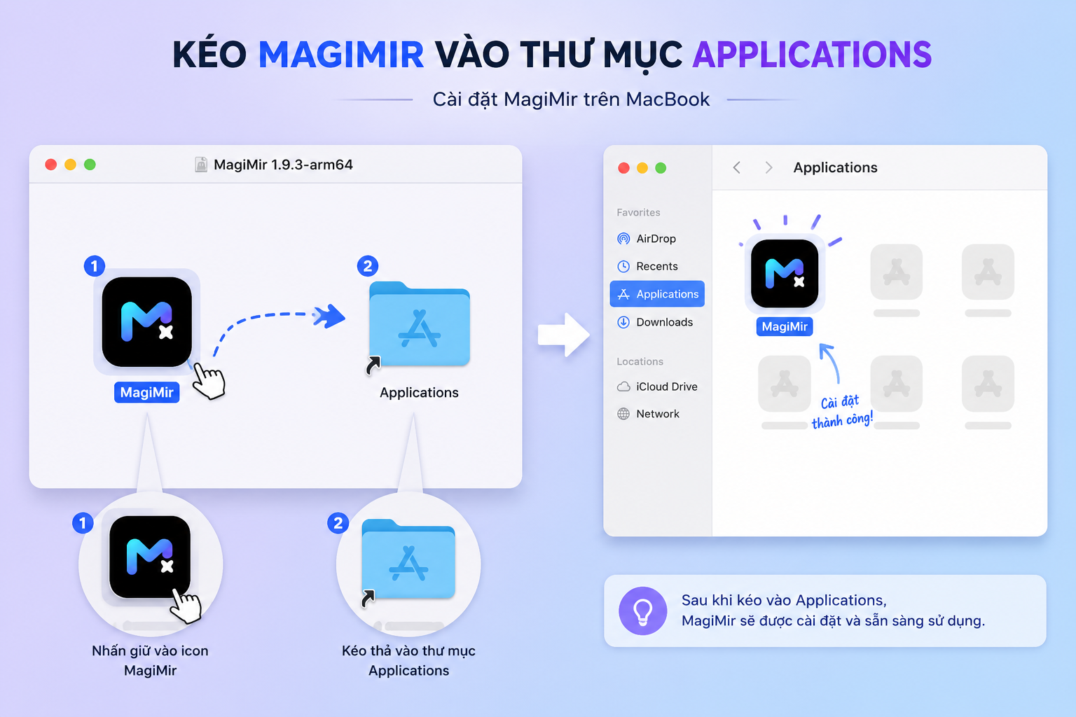 Hình ảnh chi tiết thao tác kéo icon MagiMir vào Applications